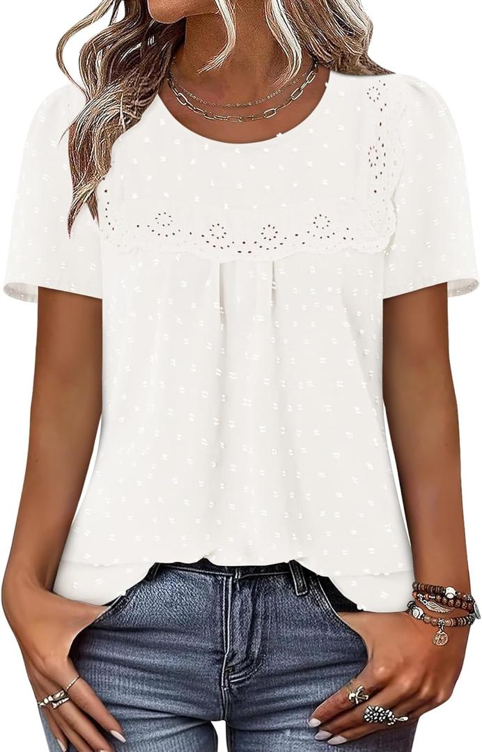 BETTE BOUTIK Women Boho Tops Short Sleeve Summer Flowy Shirts Dressy Casual Loose Trendy Blouses (White, XXXL)