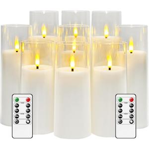 kakoya Flickering Flameless Candles Battery Operated with Remote and 2/4/6/8 H Timer Acrylic Led Pillar Candles Pack of 9 (appr D2.3"xH5.5"6.5"7.5")with Realistic 3D Wick Candles for Home Decor(White)