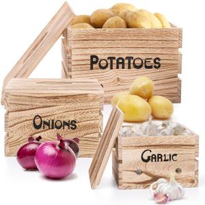 Frcctre 3 Pack Vegetable Storage Bins, Farmhouse Potato Onion Garlic Kitchen Storage Canisters Set, Wooden Stackable Vegetable Keeper with Lid and Aerating Holes for for Pantry Organization