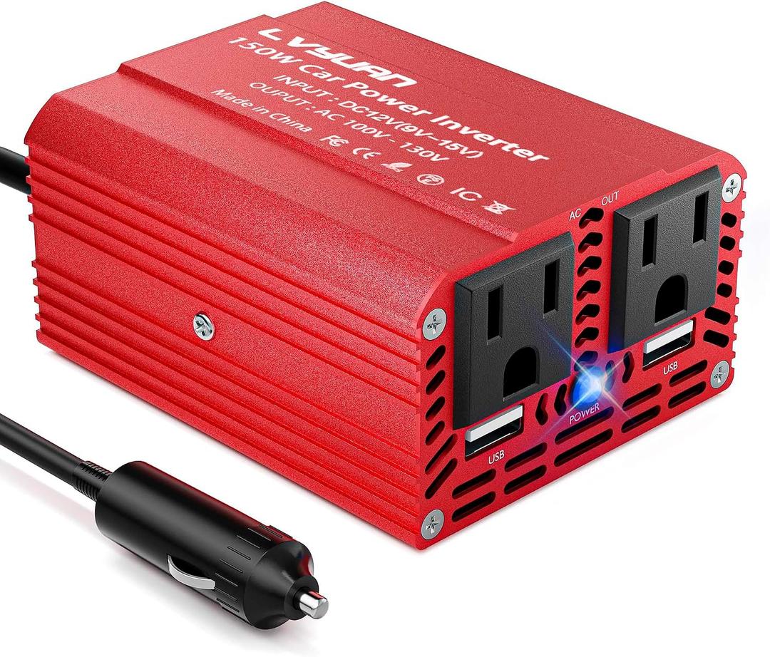 150W Power Inverter, LVYUAN Inverter 12V DC to 110V AC Car Plug in Adapter Outlet Dual 6.2A Charging USB Vehicle Converter for Phone, Laptops, Road Trip Charger