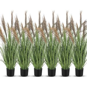 Jexine 6 Pcs Pampas Grass Potted Plants 4 ft Tall Artificial Grass Potted Artificial Greenery Floor Plants Tall in Pot for Housewarming Gift House Garden Bathroom Lobby Outdoor Decoration (Greeny)