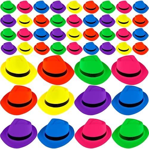 SGBETTER 48 Pack Plastic Party Hats Bulk Neon Fedora Party Hat Colorful Gangster Hat for Adult Kids Birthday Halloween Dress Up, 6 Colors