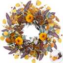 Fall Wreaths for Front Door, 20" Fall Wreath with Lights, Artificial Autumn Door Wreaths-Pumpkin, Berry Branch, Mixed Leaves Decor for Home Outside Indoor Wall Harvest Festival Thanksgiving Decoration