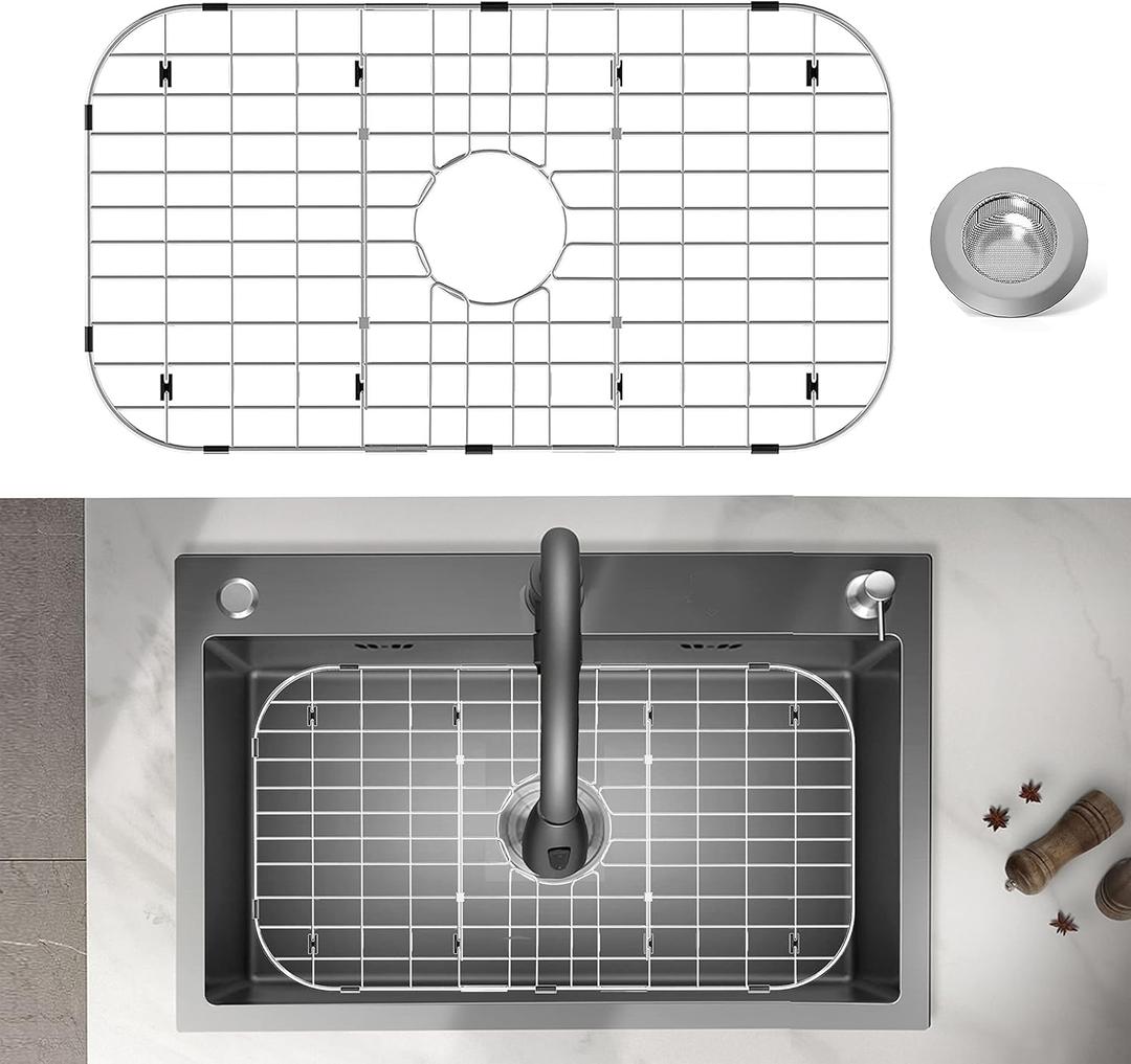 Stainless Steel Sink Protector 26"x14" with Center Drain, Metal Sink Rack for Bottom of Sink, Kitchen Sink Grate and Sink Protectors with Sink Strainer (26" x 14" - Center Drain)