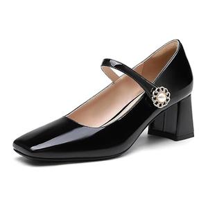 NEWBELLA Women's Patent Leather Mary Janes - Glossy Square Toe Pumps with Chunky Heel & Buckle Strap, Retro Dress Shoes for Work & Formal Events Black, Size 9
