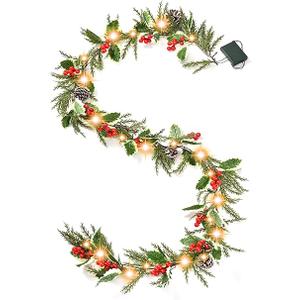 6ft 20 LED Christmas Garland with Holly Pines, Battery Operated Garland with Timer, Red Berry Garland with Lights for Indoor Mantle Fireplace Stair Home Holiday Decoration