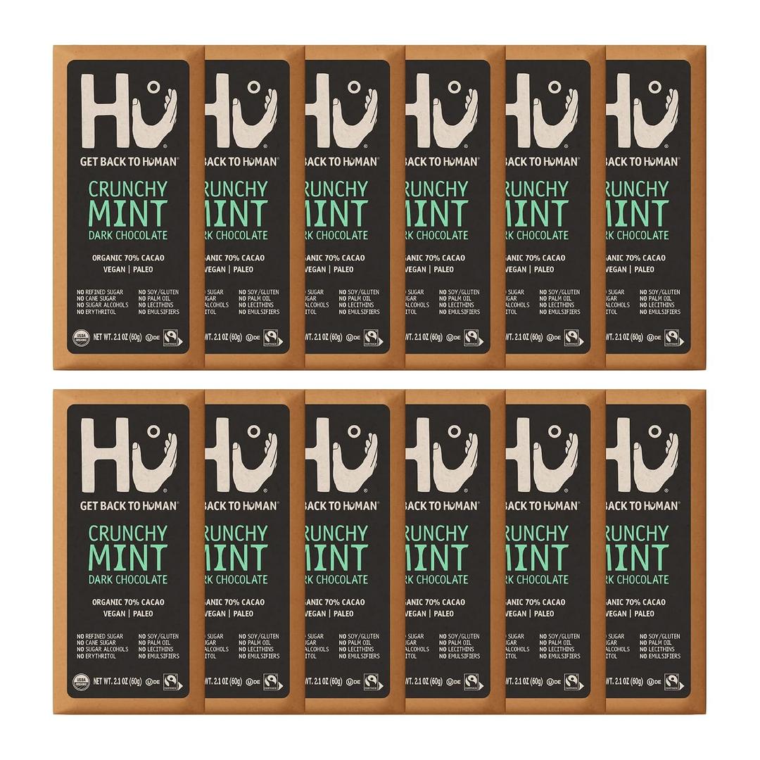 Hu Chocolate Bars | 12 Pack Crunchy Mint Chocolate | Natural Organic Vegan, Gluten Free, Paleo, Non GMO, Fair Trade Dark Chocolate | 2.1oz Each (EXP 01/22/28)