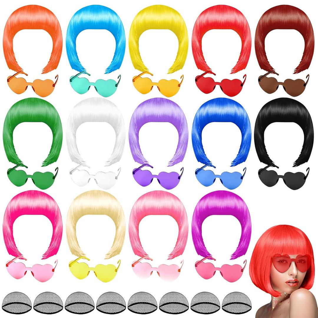 PLULON 14 Pieces Colorful Wigs, Party Wigs and Sunglass Set, Neon Short Bob Wig Sunglass Pack Costume Colorful Cosplay Wig Daily Party Hairpieces Bachelorette Halloween Costume