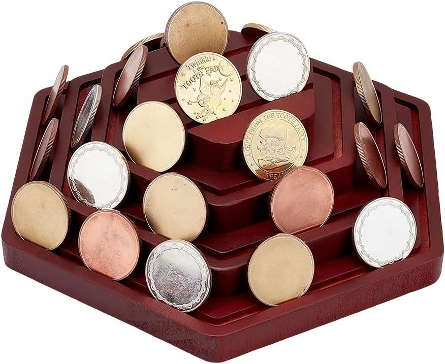 PH PandaHall Challenge Coins Display Holder, 4 Rows Wood Army Military Coin Holder Rack Coin Storage Organizer Shelf for Collectors, Gift, Challenge Coin Display, Brown, 1 Pack, 11x10x3inch