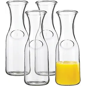 Kitchen Lux Glass Carafe - 1 Liter Drink Pitcher & Elegant Wine Carafe Decanter - Carafe Set of 4 - Mimosa Bar Carafes & Juice Glasses - Easy Pour Bottles - Glass Water Carafe, 34 oz