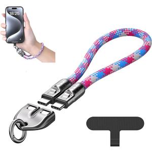 Phone Wrist Strap with C to C 240W Charging Cable, Wearable Bracelet Design, Fast Charging & Data Transfer Lanyard, Compatible with iPhone 17/16/15 and USB-C Smartphones (Pink)