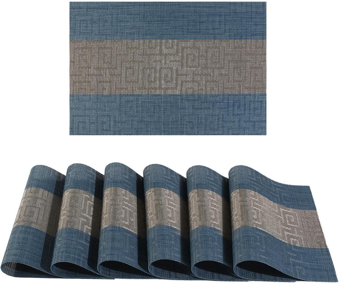 FAVE Placemats Set of 6 Indigo Blue Woven with Gray Placemats Durable and Wipeable Vinyl Placemat Set of 6 for Wedding, Banquet, Birthday, Party, Restaurant DecorationsIndigo Blue (12"x18"-6PCS)