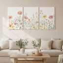 Colorful Wildflower Canvas Wall Art Set of 3 Framed - Pink Floral Watercolor Prints, Modern Minimalist Flower Painting Girls Botanical Nursery Decor for Living Room Bedroom Bathroom, 16x24 Inch, 16" x 24" x3 Framed