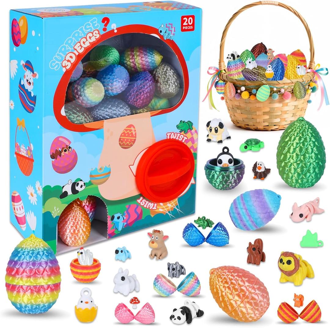 Prefilled Easter Eggs - Mini Vending Machine Dragon Eggs - 20 Surprise Gachapon Capsule Toys with 3D Printed Articulated Dragon Eggs Mystery Animals Inside - Gumball Prize Game for Boys Girls
