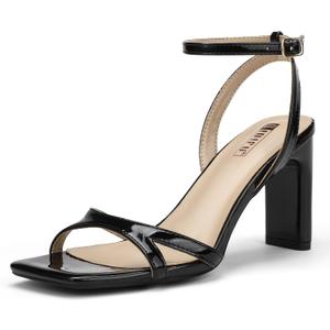 IDIFU Black Strappy Heels for Women Low Short Block Chunky Heeled Sandals Square Open Toe Cross Toe Straps Prom Graduation Dress Shoes Cute Trendy Formal Ankle Strap Dressy Heels(Black Patent, 7.5)
