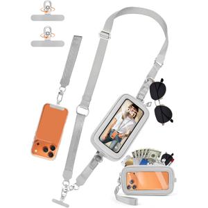 takyu Clip and Go Strap for Phone with Wallet Crossbody, 4-in-1 Hands-Free Phone Lanyard with Detachable Wallet Wristlet Strap, Convertible Crossbody Bags with ID Window for Women Travel, Grey