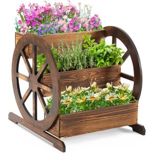 Beeveer 3 Tier Wooden Wagon Planter Box 24" x 24.5" x 22.5" Garden Planter for Outside Wood Planter Box with Drainage Holes Decorative Planters for Patio Garden Balcony Vegetables Flowers Herbs
