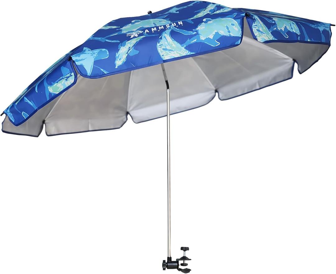 AMMSUN XL Chair Umbrella with Universal Clamp Adjustable 52 inches and 360-degree Swivel UPF 50+, Portable Clamp on Camping or Beach Chair, Stroller, Wheelchair, Golf cart, Sharks, Large-sized