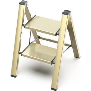 GameGem 2 Step Ladder, Aluminum Folding Step Stool with Anti-Slip Sturdy and Wide Pedal, Lightweight Portable Multi-Use Stepladder for Home and Kitchen Use Space Saving, Gold, 330 lbs