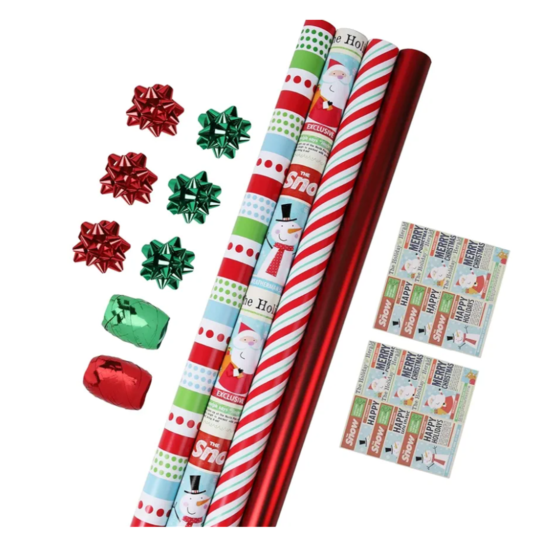 LaRibbons Christmas Wrapping Paper Set, Reindeer & Snowflake Design with Gift Bow & Ribbons & Tags, Perfect for Holiday, Party, Xmas Celebration,30 Inch X 10 Feet (4Rolls, 100 sq.ft.ttl.)