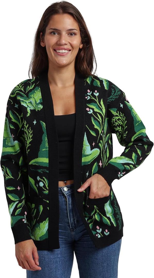 Wicked Witch Hat All-Over Print Women's Black Long Sleeve Cardigan (Green, XL)