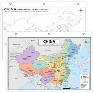China Map Poster for Kids - 2-Sided Laminated 8.5x11, Provinces Cities & Geographic Features with Blank Practice Map, Color-Coded Regions, Classroom Homeschool Geography