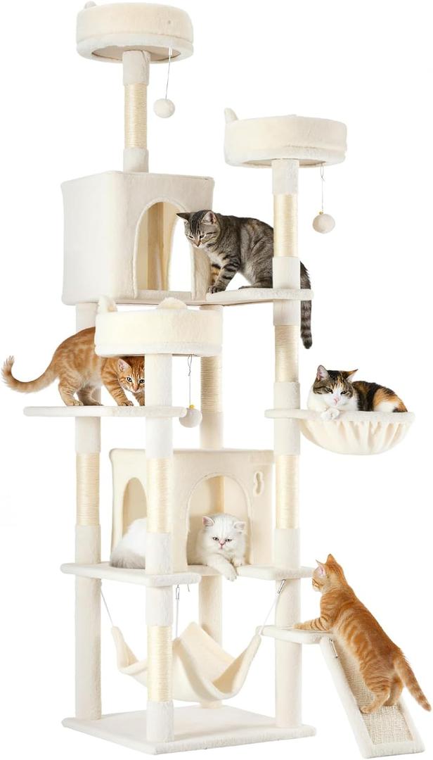 Sweetcrispy Cat Tree 75 Inch, Large Multi-Level Tall Cat Tree Tower with Condo, Perches, Sisal Scratching Posts Board and Hammock, Pet Play House with Dangling Balls for Indoor Cats, Beige (65IN)