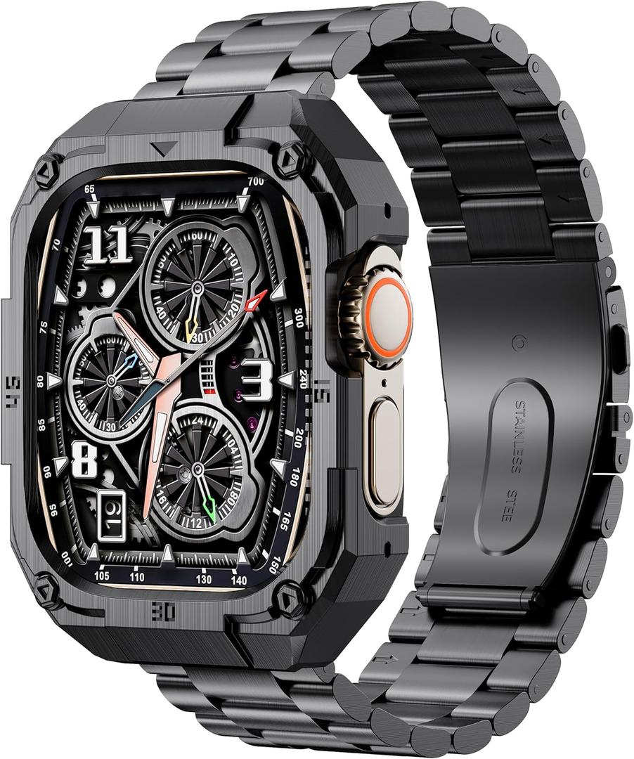 Classic Stainless Steel Case with Band Compatiable for 49mm Apple Watch Ultra 3/2/1 Bands for Men,Business Metal Apple Watch Bumper Case Cover with Strap for iWatch Bands,Black