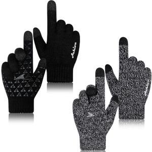 Achiou Winter Gloves for Men Women, 2 Pairs Touch Screen Texting Warm Running Gloves Thermal Soft Knit Lining, Elastic Cuff