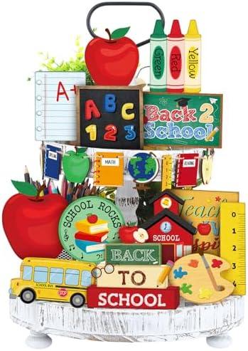 Seeloowy 19 Pcs Back to School Tiered Tray Decor Set Fun Appreciation Wood Signs Decorative Book Bus Table Centerpiece Back to School Decorations Farmhouse Sign for Centerpiece Party Decor