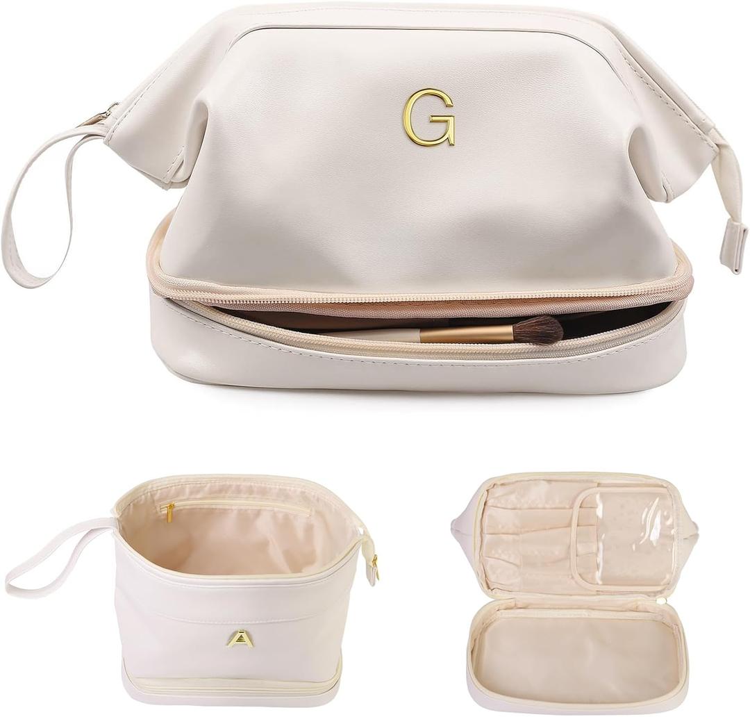 Bachelorette Gifts, Large Makeup Bags, Personalized Double Layer Cosmetic Bag Teen Girl Gifts, Travel Toiletry Bag Wedding Gifts, Bridesmaid Gifts for Her College Dorm Essentials for Girls (White)