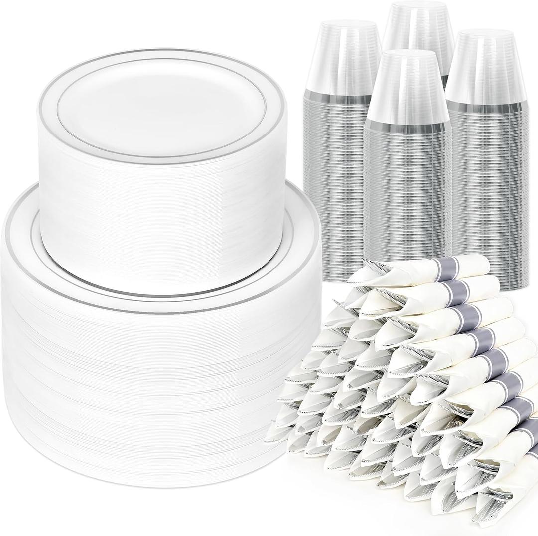 Sylans 700PCS Silver Dinnerware Set Disposable for 100 Guests