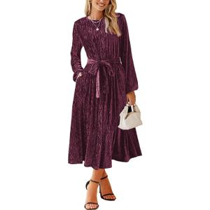 Happy Sailed Women's Velvet Dress Fashion Fall Winter Long Sleeve High Waist A-Line Semi Formal Wedding Guest Dresses (S, Burgundy)