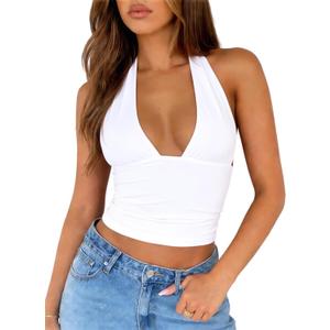 ForeFair Women's Sexy Halter Neck Backless Tank Top Deep V Neck Sleeveless Open Back Y2K Slim Fit Summer Crop Tops (White, S)