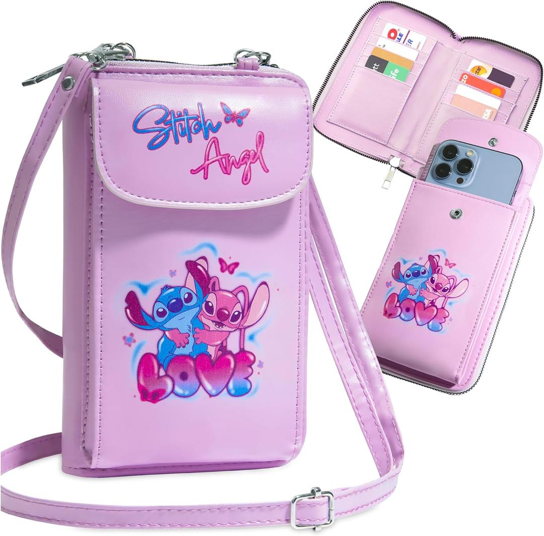 Disney Stitch Crossbody Bag for Girls, Phone Bag with Card Slots Adjustable Strap Stitch Gifts (Pink)