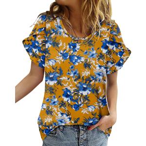CRAZY GRID Women's Shirts Summer Casual Crewneck Ruffle Short Sleeve Blouses Cute Floral Print Tunic Tops (XL)
