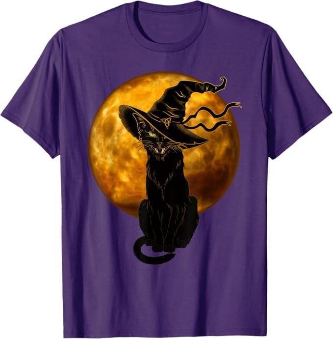 Scary Vintage Black Cat with Witch Hat Full Moon - Halloween T-Shirt L