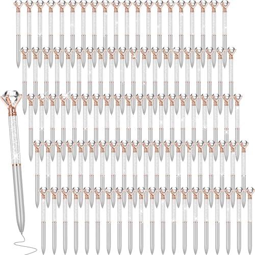 Sherr 100 Pack Big Crystal Diamond Pens Cute Ballpoint Pens Retractable Ballpoint Rhinestones Crystal Bling Gem Plated Black Gel Ink Office Supplies Gifts for Women(Silver,Wedding Style)