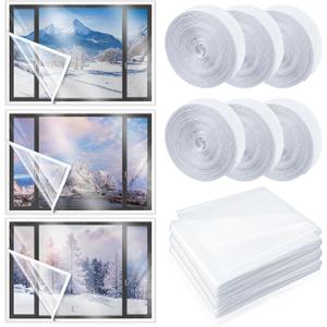 3 Sets 63 x 63 Inch Window Insulation Kit Cuttable Transparent Film with Adhesive Straps Reusable Window Plastic for Patio Winterizing Thicken Warm Winter Waterproof Attic Insulation Cover