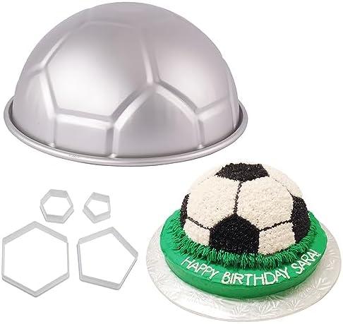 9 Inch 3D Full-size Soccer Ball Aluminum Baking Pan with 4Pcs Hexagon Pentagon Cookie Cutter, Football Shape Metal Cake Pan Mold Boy's Birthday Sports Party Cake Bakeware Supplies