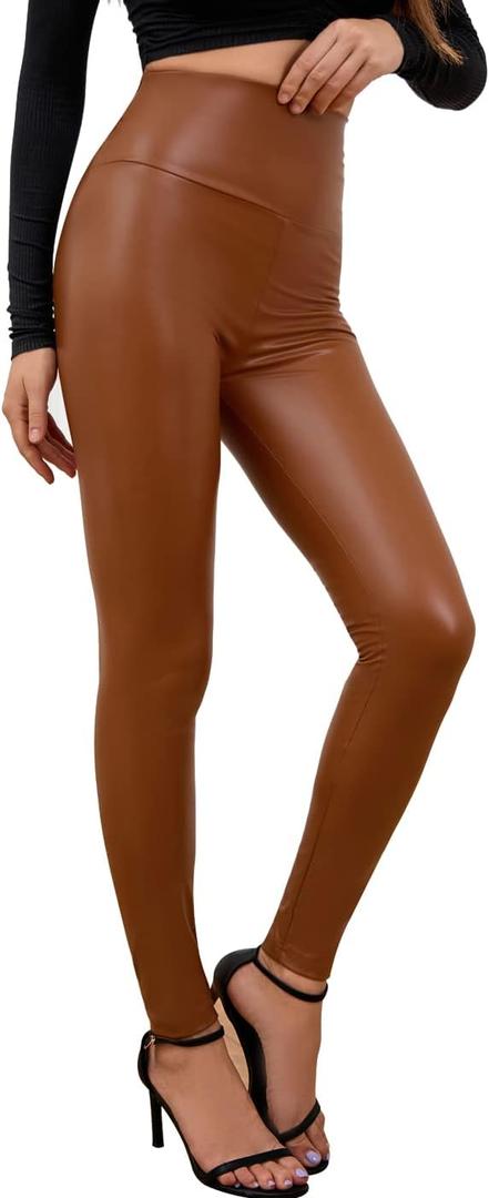Everbellus Sexy Womens Faux Leather High Waisted Leggings (Large, Brown)