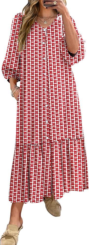 ANRABESS Boho Maxi Dresses for Women Summer Puff Sleeve V Neck Flowy Long Casual Dress with Pockets 2025 Vacation Outfits Large, Floral Red