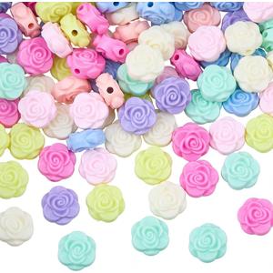 100 Pcs Acrylic Flower Beads, Random Assorted Colors, Small 3D Flat Aesthetic Beads for Jewelry Making, Necklaces, Bracelets and Crafts