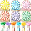 Mimorou 150 Pcs Pastel Scalloped Party Supplies 7in Gold Foil Scalloped Paper Plates 9oz Cups Colorful Disposable Tableware Striped Pastel Rainbow Dinnerware Set for Baby Shower Birthday Wedding