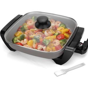 FineMade 12-inch Family Size Electric Skillet with Lid, Ceramic Skillet Electric, Square Skillet, Non Stick Electric Skillet Griddle Pan, PFAS-Free Temperature Control, 1500W, 6 QT, Gray