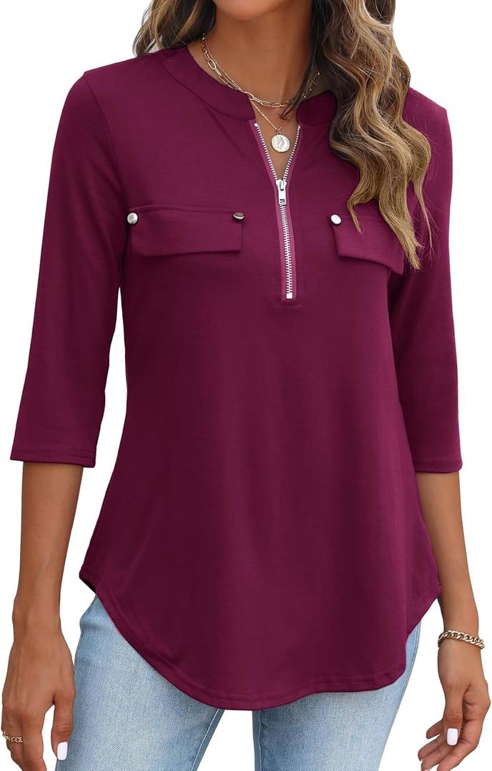 Halife Women's 3/4 Length Sleeve V Neck Flowy Tunic Blouses Work Tops Shirts with Zippers (Large, Burgundy)