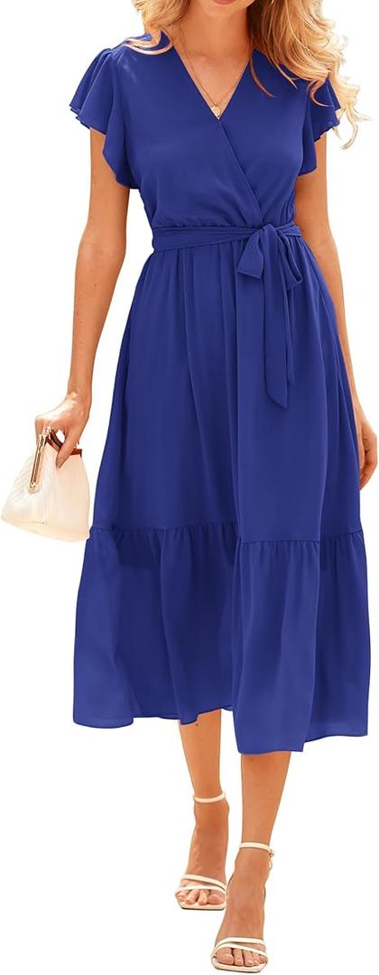 BTFBM Women Summer Bohemian Floral Casual Wrap V Neck Ruffle Cap Sleeveless Belt A-Line Pleated Hem Midi Sun Dress White (Royal Blue, L)