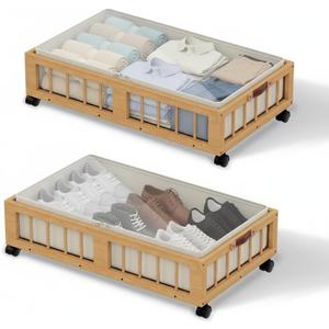 efluky 2-Pack Bamboo Under Bed Storage Containers with Wheels, Under Bed Clothes Storage Basket with Large Dust Bag, Rolling UnderBed Storage for Bedroom, Dorm and Basement, Nature (23.6''L x 16.54''W x 7.5''H)