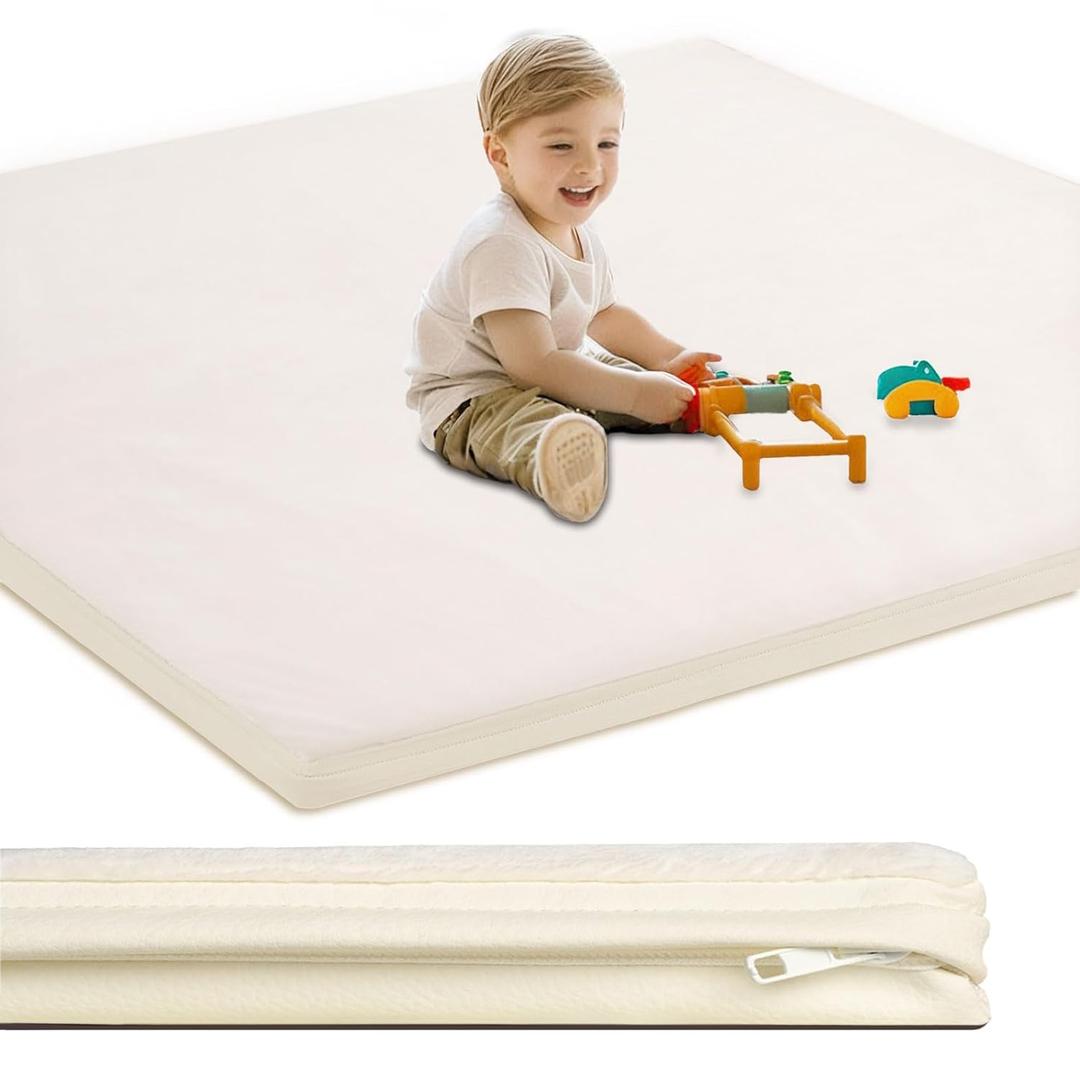 Baby Play Mat for Floor,1.3" Thick Foam Nursery Rug with Removable Washable Cover,Non Slip Soft Velvet Kids Play Crawling Mat for Toddlers,Infants,Yoga Mat,Tatami Mat,50x50 Inch Beige (50"x50")