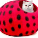Woolygon Premium Felt Cat Cave Bed - Polka Dot Series - Wool Kitty Beds Handcrafted Kitten Caves Bed for Indoor Cats - Eco-Friendly Merino Wool, Foldable Cat Hideaway Cat Houses (Red/Black Dots) (Medium)